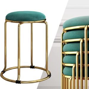 Furniture 18 Inch Round Velvet Stools Set of 4 Thickened 9.5mm Metal Vanity Seat Chairs for Dining Kitchen Home Salon Stackable Stylish Seating (4 Pieces), Green